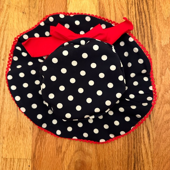 Navy & White Polka Dot 1 Piece Swimsuit Swim Hat Red Bow Size 2 Azul Swimwear 2t - Picture 5 of 9